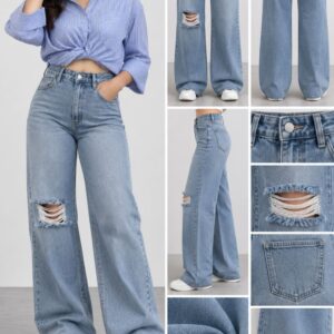 Distressed Ripped-Knee Light Blue High-Waist Wide-Leg Jeans