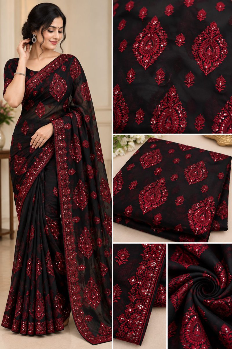 Black Net Saree with Red Embroidery